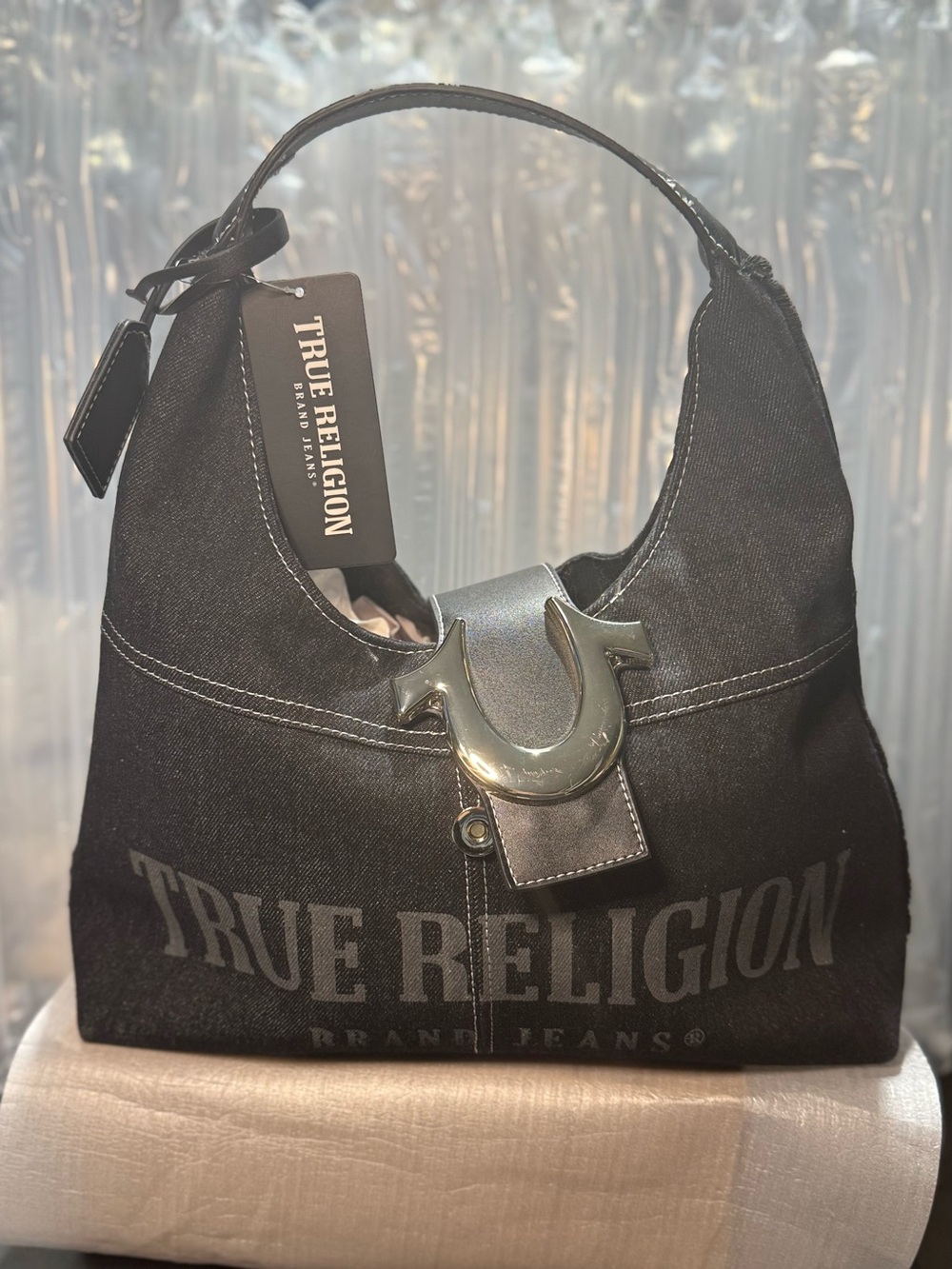 True Religion Black Canvas Hobo with Light Gold-Tone Horseshoe Accent-NWT